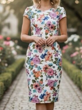 Betsey Johnson White Multicolor Floral Pencil/bodycon, Midi Dress, Cap Sleeves 4